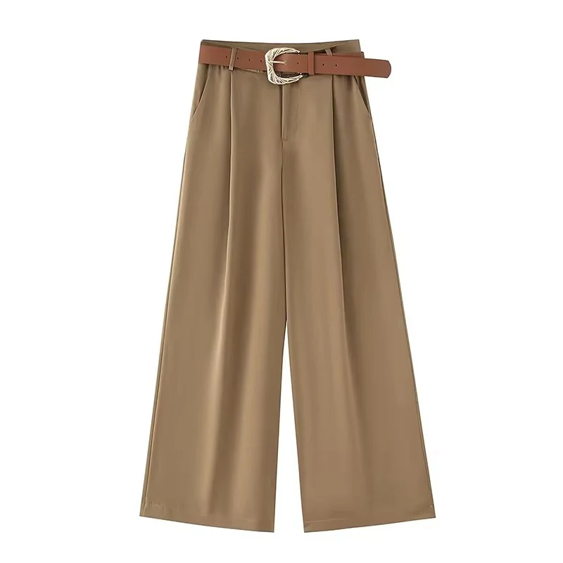 Women's Elegant Chic Belt Wrinkles Decorate Casual Loose Long Pants Woman Solid Side Pocket Zipper Slim Wide Leg Pants