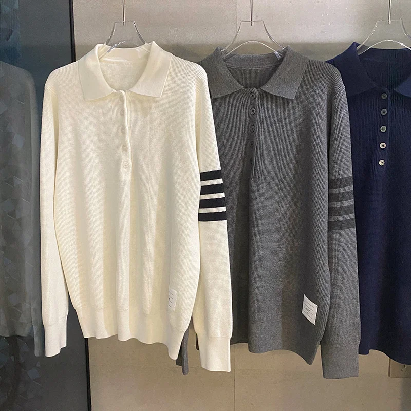

Autumn Men Women Long Sleeve Polo Shirt Turn Down Collar Striped Loose Casual Blouse Sweater Top High Quality Korean