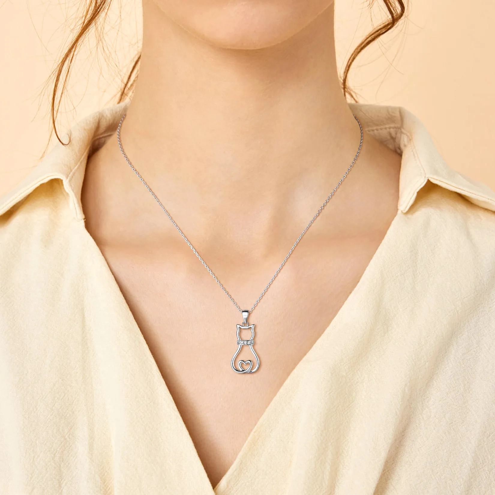 U7 925 Sterling Silver Cat Pendant Necklace for Women Lovely