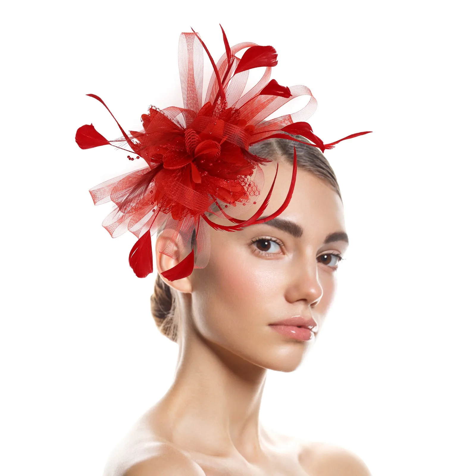 

Charming Net And Feather Fascinator Hat Headband Flower Cocktail Clip Mesh Flower Wedding Hair Accessories Stylish Headwear