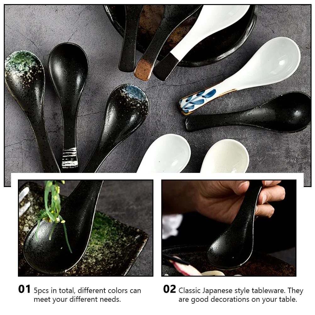 5Pcs Japanese Ceramic Dinnerware Asian Soup Dinnerware Porridge Spoon Scoop Porcelain Dessert Spoon Tableware for images - 6