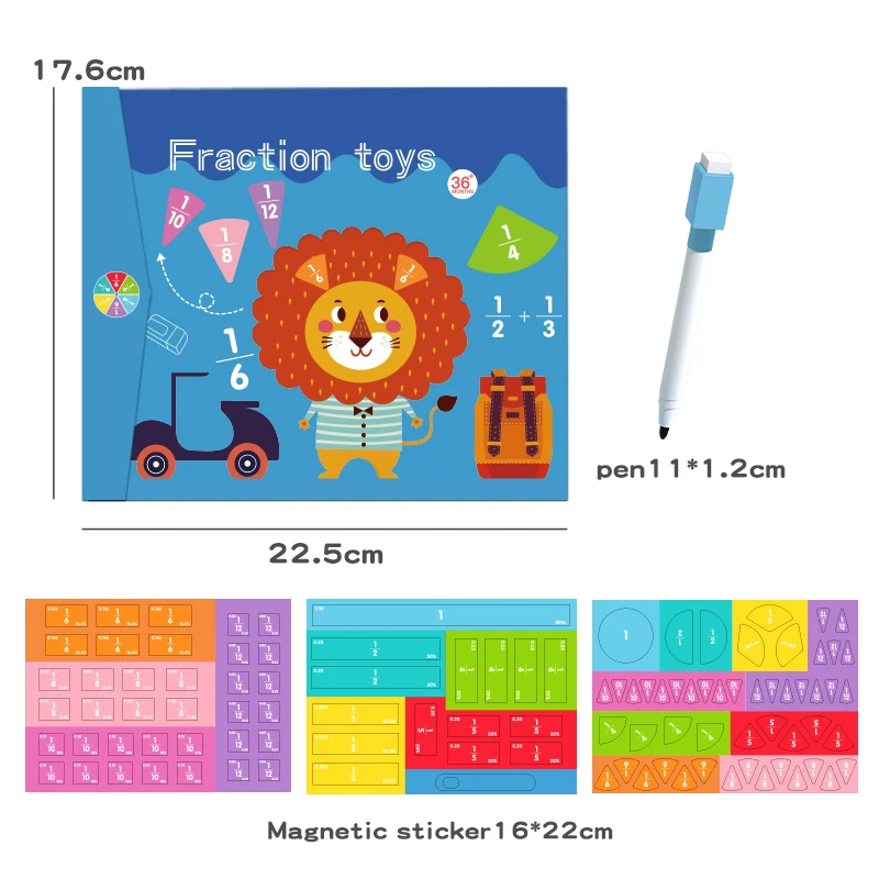 Kids Magnetic Fraction Math Montessori Toys Fraction math manipulatives Magnetic toys Math toys Learning puzzle toys Teaching aids toys Educational toys Wooden Fraction Book Set Arithmetic Teaching Aid Kids Educational Learning Toys