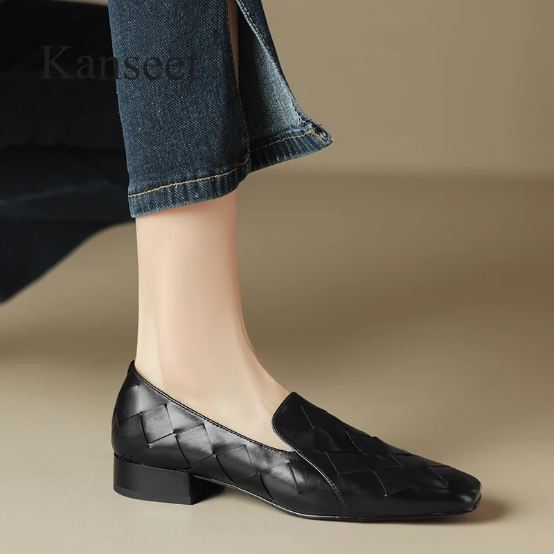 

Kanseet Spring Autumn Shoes For Women Fashion Weave Handmade Genuine Leather Casual Flats Slip-On Lady Footwear Sizes 40 Black