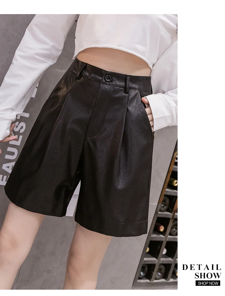 plus size womens clothing England Style Pu Leather Shorts Female High Quality Wide Leg Faux Leather Shorts High Waist Plus Size Loose  Short Pants Women cargo shorts