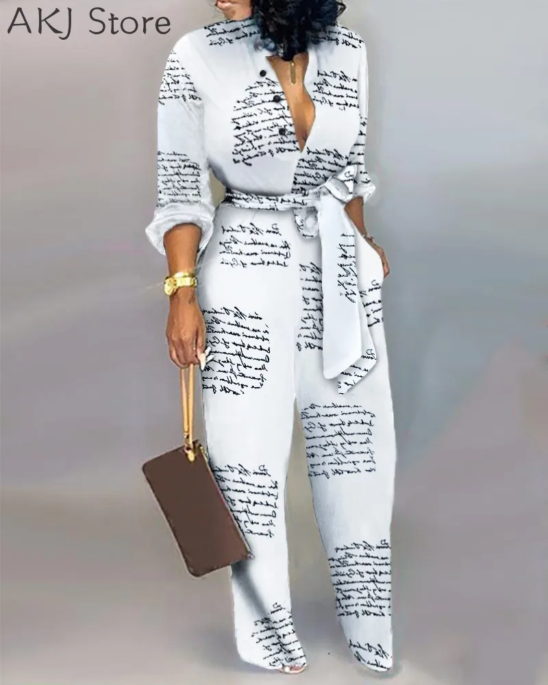 

Женский комбинезон с длинным рукавом и буквенным принтом, повседневный комбинезон с узлом, женский комбинезон, цельный комбинезон