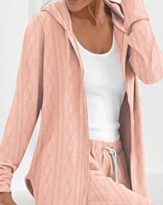 Two Piece Set Women Outfit 2023 Summer Fashion Cable Textured Casual Long Sleeve Hooded Top & Drawstring Daily Long Pants Set