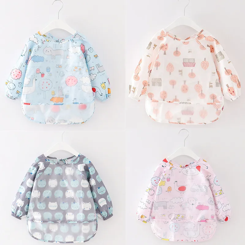 Cute Cartoon Baby Bibs Waterproof Colorful Infant Bib Full Sleeve Gown Children Long Sleeve Apron Coverall Feeding Drawing Bibs baby accessories box