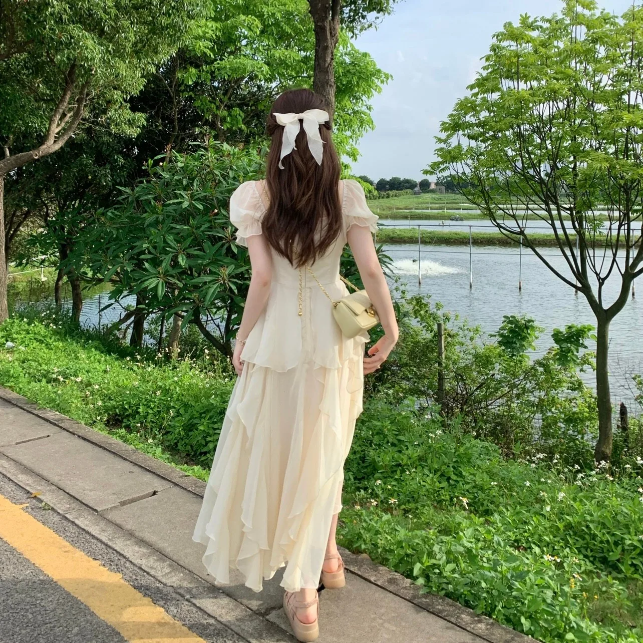 ワンピース フレア ロング ベージュ レース エレガント韓国 ガール GIRL レース×ドットチュールティアード切替えフレア
