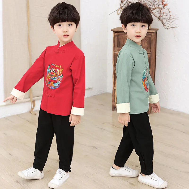 Boys Performance Costumes Embroider Fish Hanfu Set New Year Chinese Style Tang Clothes Set 2Pcs Long Sleeve Outfit Shirt&pants