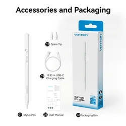 Vention Magnetic LED Palm Rejection Active Stylus with Custom Touch Buttons (White)