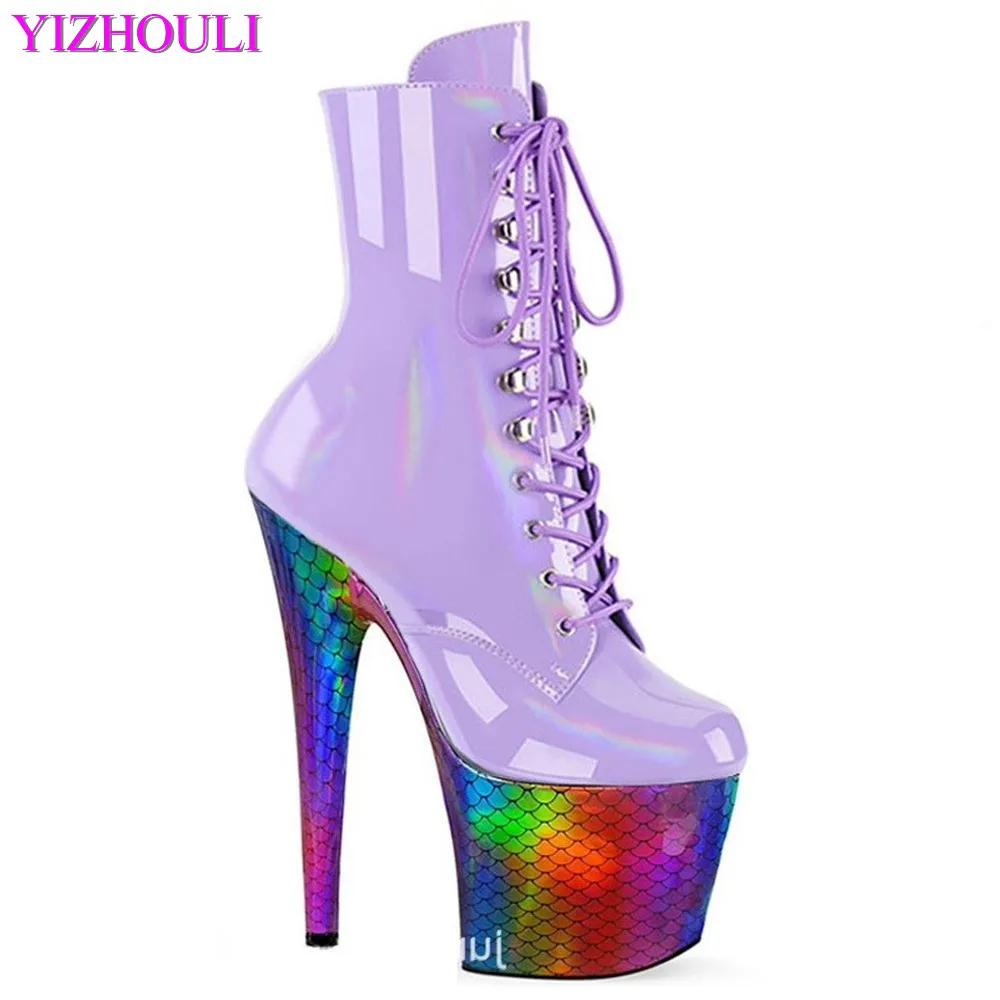 

17cm fishscale waterproof platform color ankle boots, super high heel runway shoes, model large size pole dancing boots