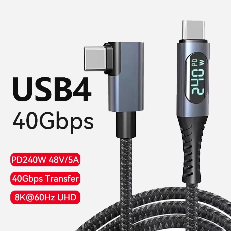 Right Angle USB 4 with LCD Display 240W Charging 8K@60Hz 40Gbps Transfer Thunderbolt 3 Cable for MacBook Pro/Air iPad/Pixel/PS5