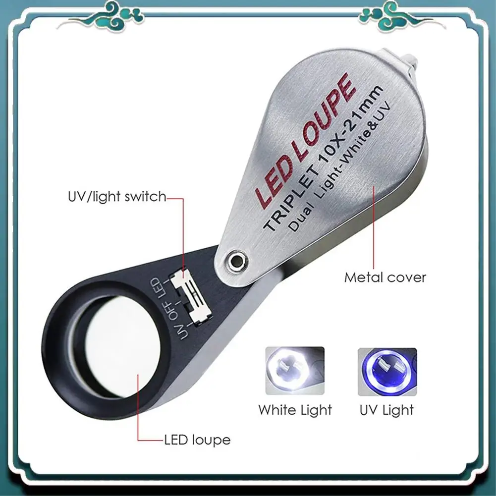보석, 보석류, 동전, 우표용 ABSK-2개 10배 확대 보석상 루페 삼중 렌즈 돋보기(6개 LED UV 라이트 포함, 21mm)