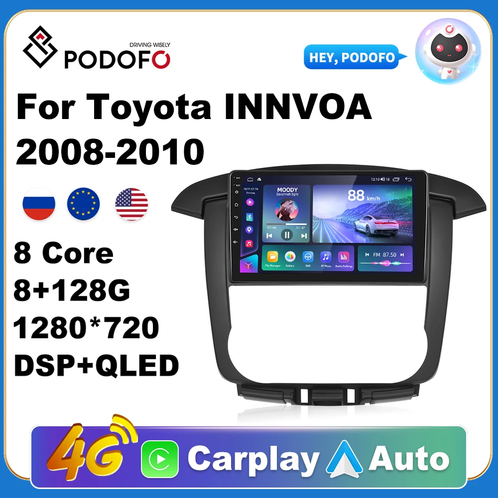 

Podofo автомобильный Android CarPlay Радио мультимедийный плеер для Toyota INNVOA 2008-2010 2 Din Авторадио Видео AI голосовой GPS Navi 4G WiFi