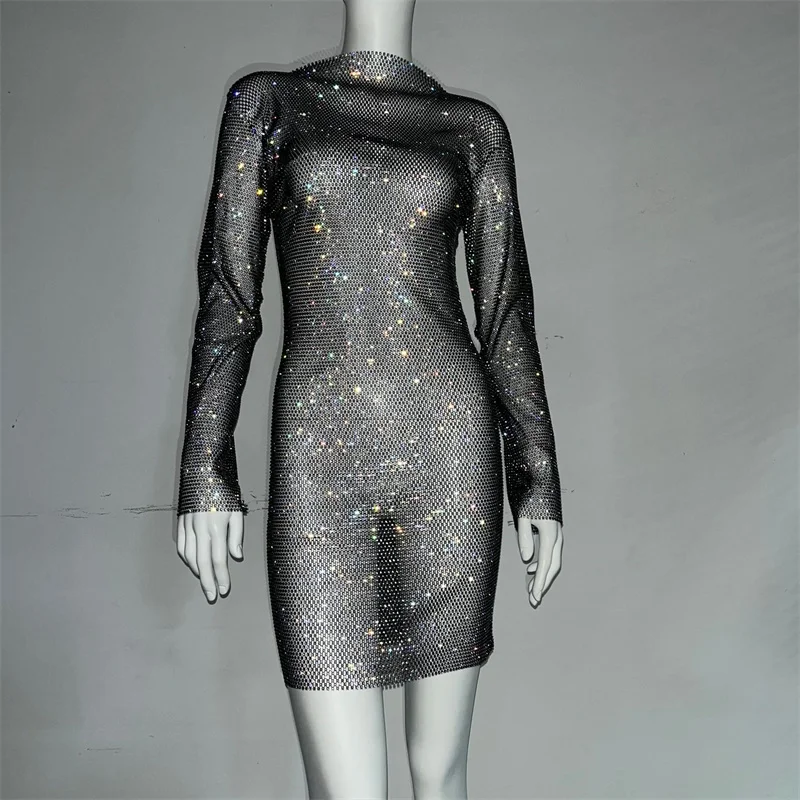 Strass hand gefertigte Mesh Kristall Kleid Trimmen Langarm Bodycon Mini aushöhlen O-Neck Party Pailletten Kleider für Frauen – Detail 8