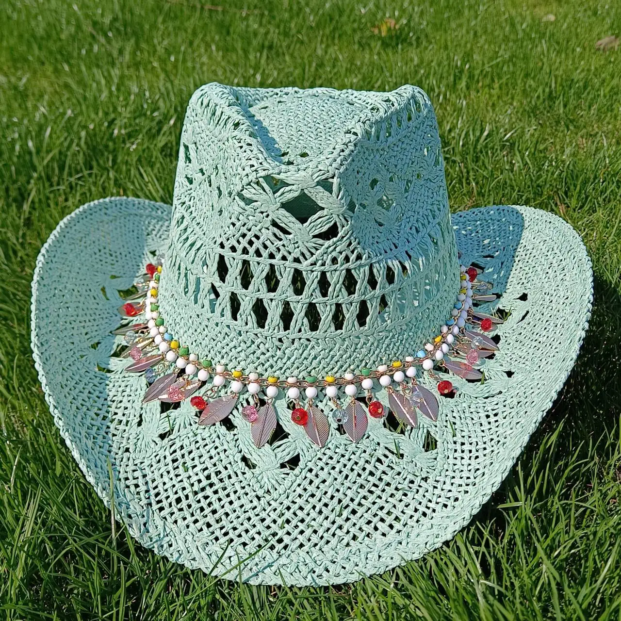 Melesh Western women's malan flower cowboy hat straw cowboy hat plasticity strong wide brim sun beach bucket