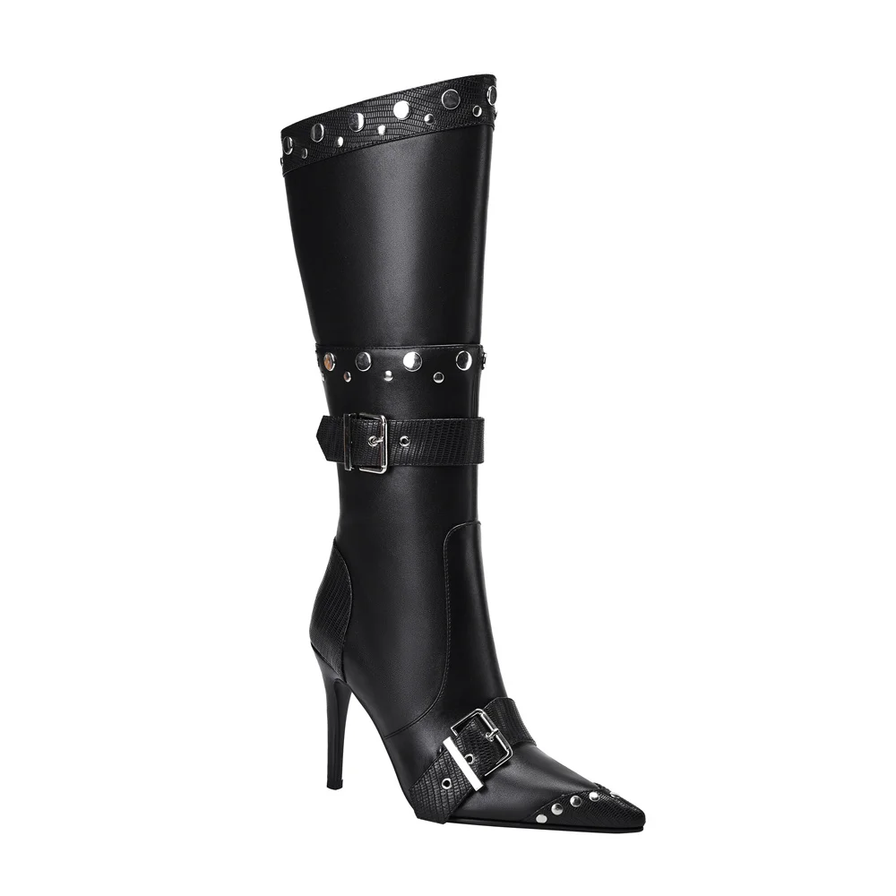 

2024 Autumn/Winter Fashion Women's High Stiletto Heel Cusp Slip On Knee high Boots Sexy Metal Decoration Everything Goes Togethe