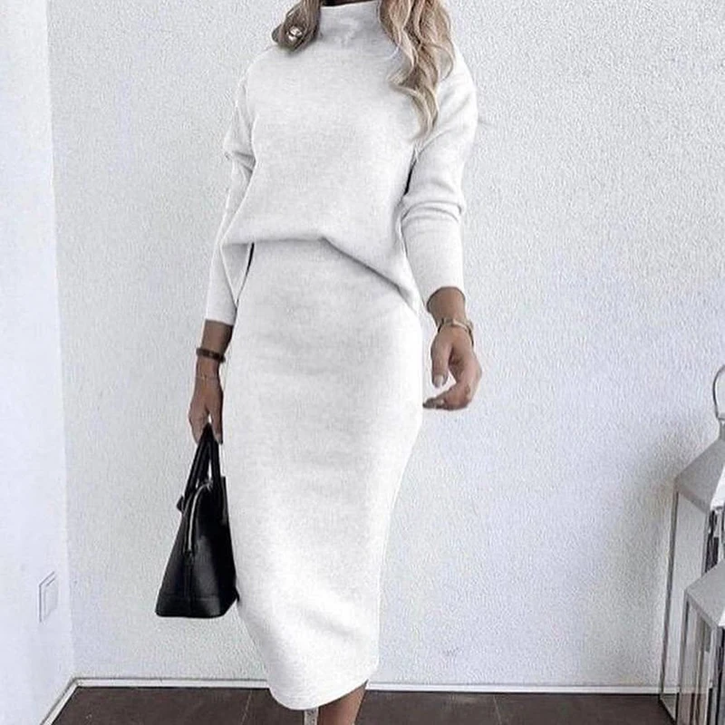 Winter Long Sleeved High Neck Buttocks Wrapped Two-piece Women's Clothing Slim Fitting Set Solid Color High Waist Skirt Outside