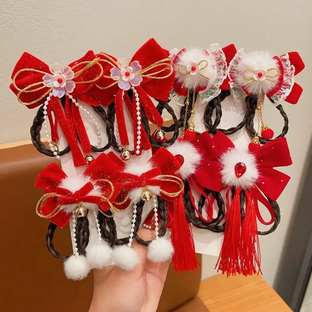 Ancient Style Children's New Year Hairpin Red Wig Braid New Year Bow Hairpins Ribbon Tassels Princess Girls Hanfu Headwear