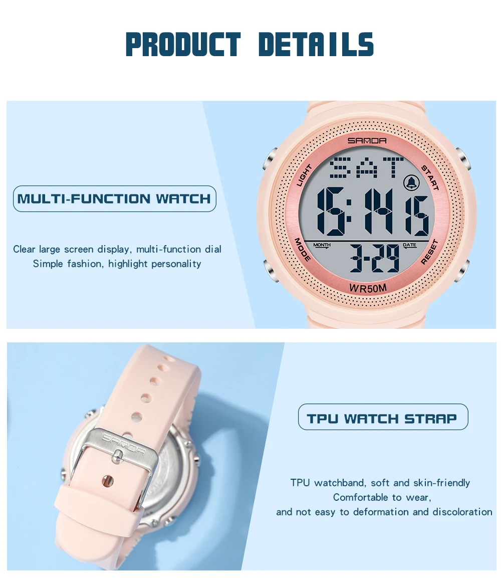 SANDA Watch 6023 Fashion Sport Women's Watches Pink 50M Waterproof Digital Watch for Girl Casual Wristwatch relogio feminino