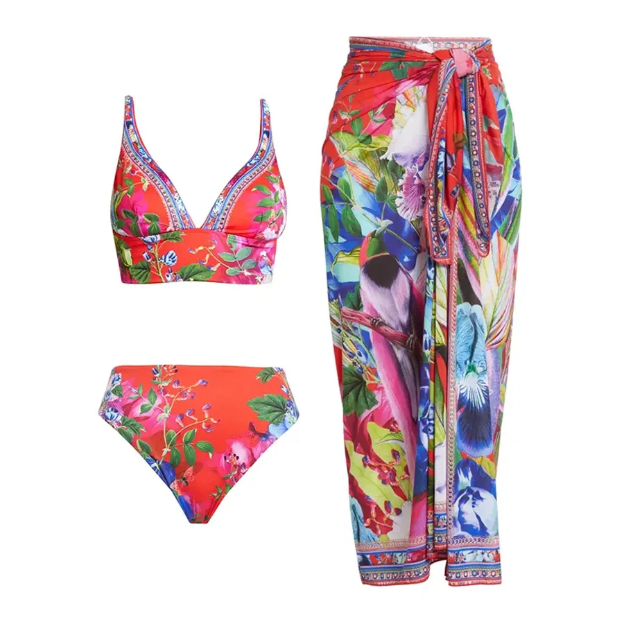 

2023 New Bikini Printed Swimwear Women Vintage Court Print One Piece Swimsuit Cover Up