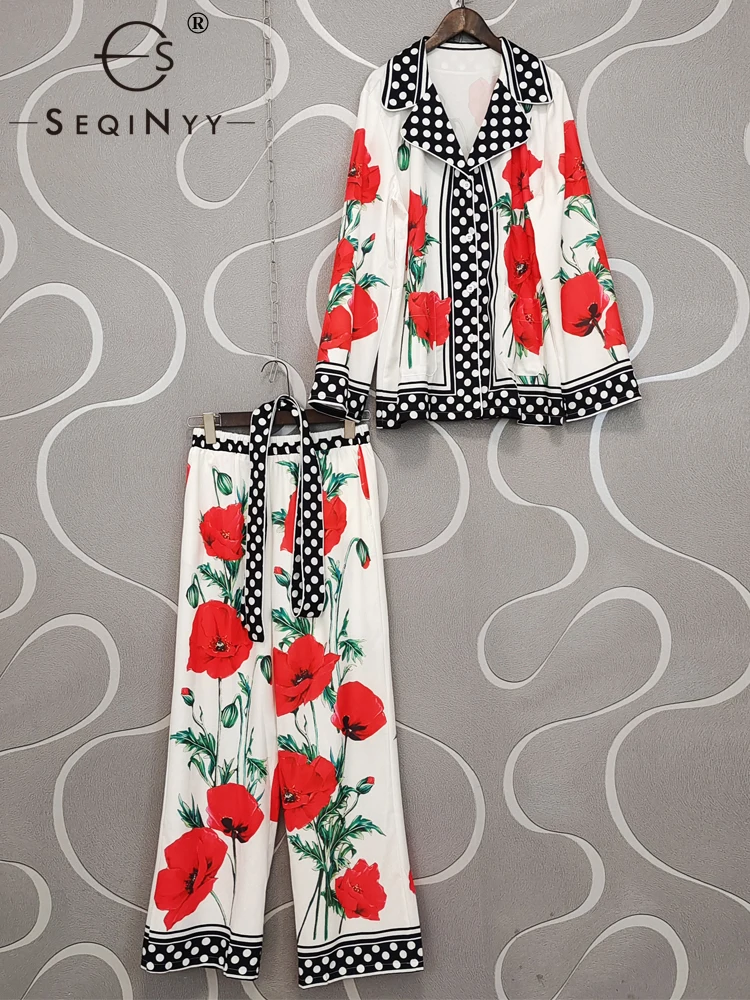 

SEQINYY SIcily Loose Set Summer Spring New Fashion Design Women Runway Long Blouse + Pants Dot Vintage Red Flower Print