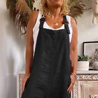 Combinaison à bretelles ajustables pour femme, style rétro, couleur unie, bretelles amples, col carré, sans manches, poches, pantalon longueur cheville 2