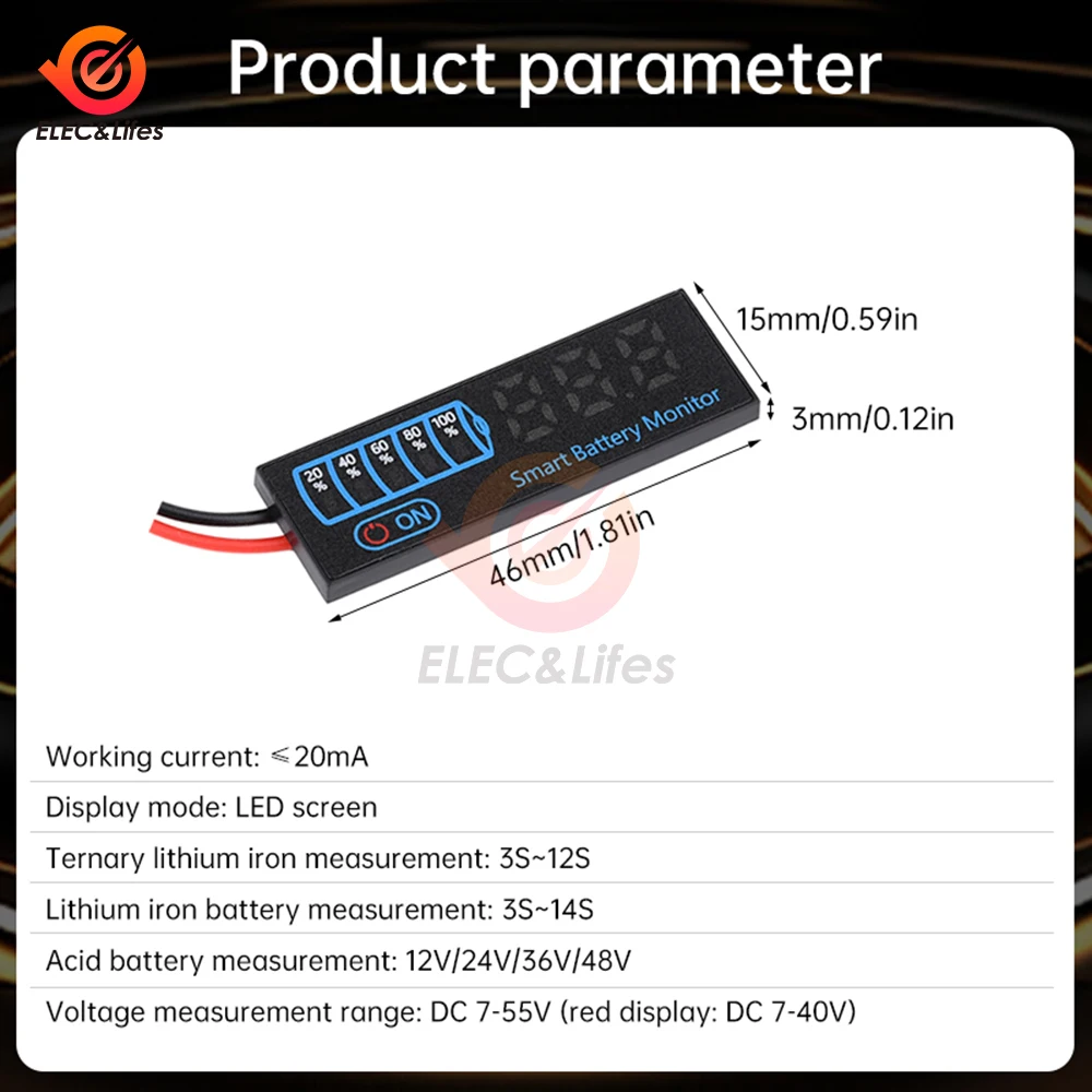 DC 7V-40V 3-14S LED Battery Capacity Indicator Power Display Panel Lithium Lead Acid Battery Capacity Voltage Meter Module 4