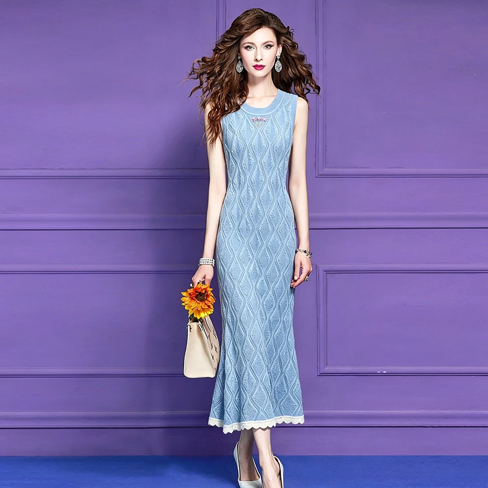 ZJYT Summer Knitted Maxi Dresses for Woman Party Evening Elegant Designer Sleeveless Hollow Out Sweater Tank Dress Blue Yellow 3