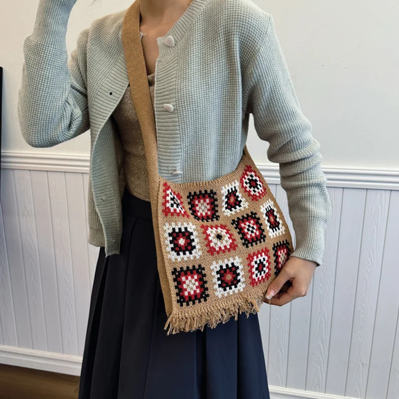 Colorful Boho Chic Granny Square Crochet Woven Handbags For Women Beige Blue Market Bag Vintage Style Hippie Summer Beach Purse