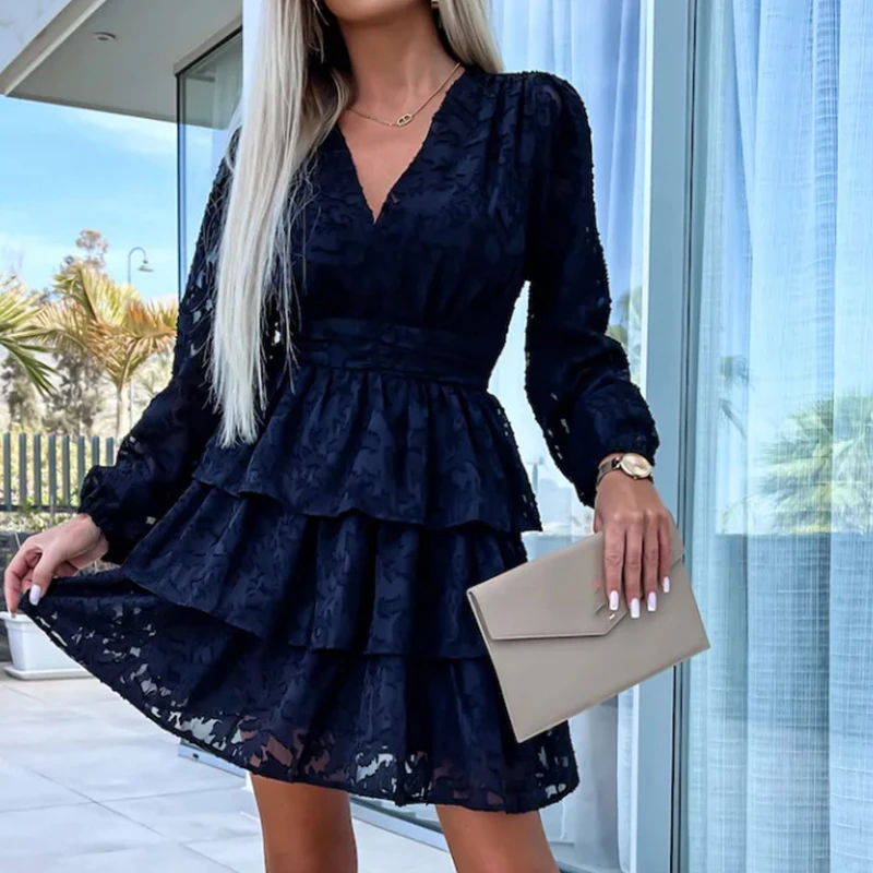 

Elegant V-neck Layered Cake Dress 2024 Spring Long Sleeved High Waist Women's Party Dress Casual Lace Club Party Dress Vestidos