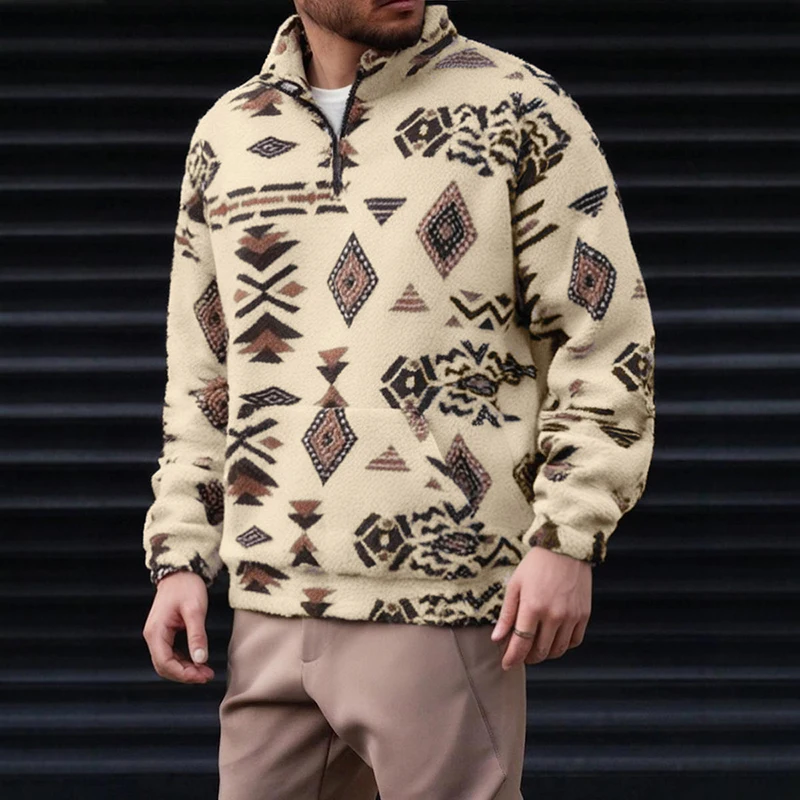 Men's Geometric Pattern Wool Hoodie Hoodie Navajo Style Half