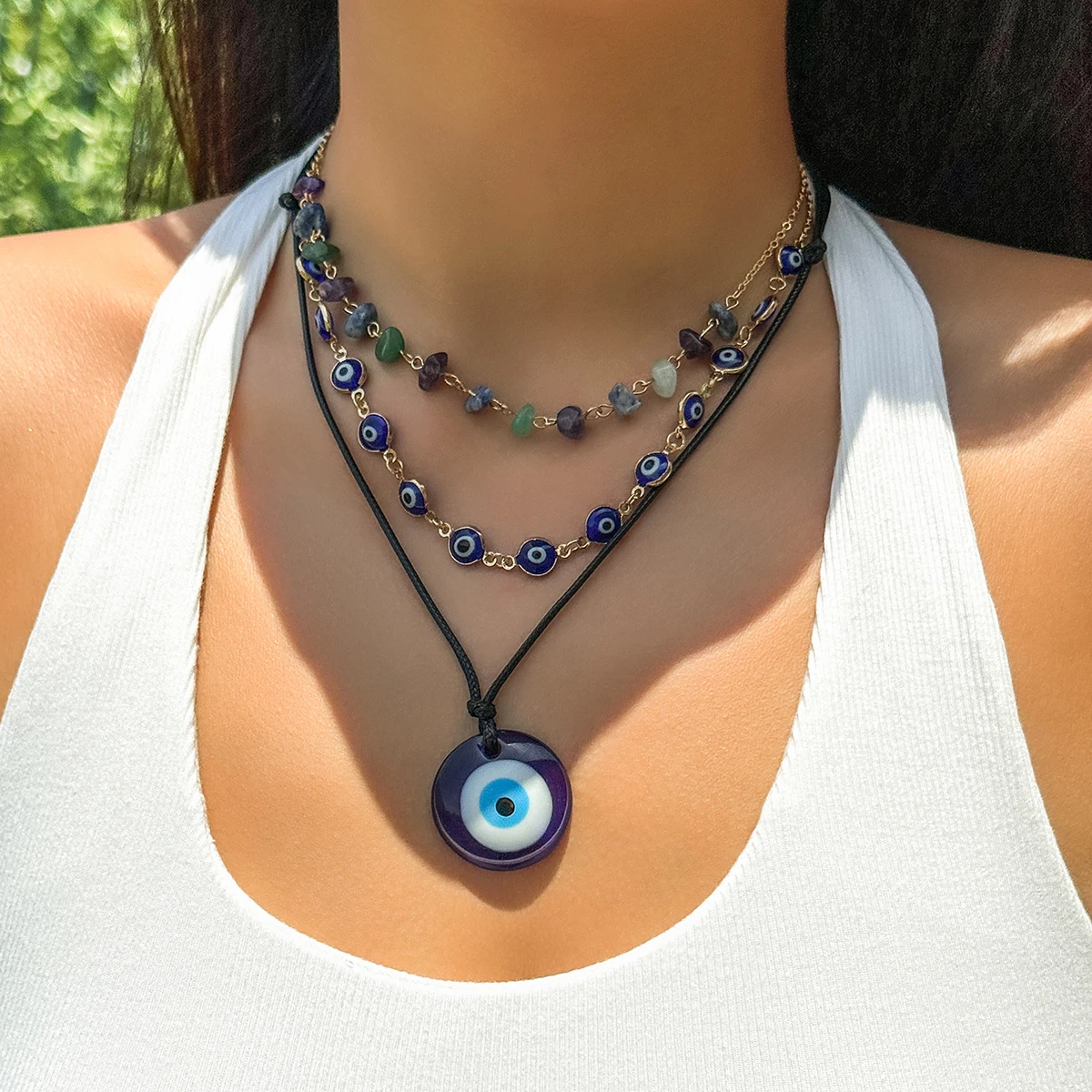 3Pcs Boho Creative Blue Turkish Lucky Evil Eye Pendant Choker Necklace for Women Irregular Bead Chain Y2K Jewelry Accessories