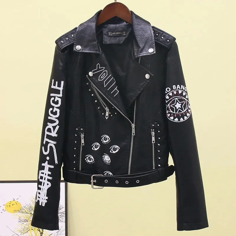 

Heavy Rivet Motorcycle Leather Women's Autumn Clothes New Handsome Personality Letters Printed PU Leather Jacket Short Coat Cool