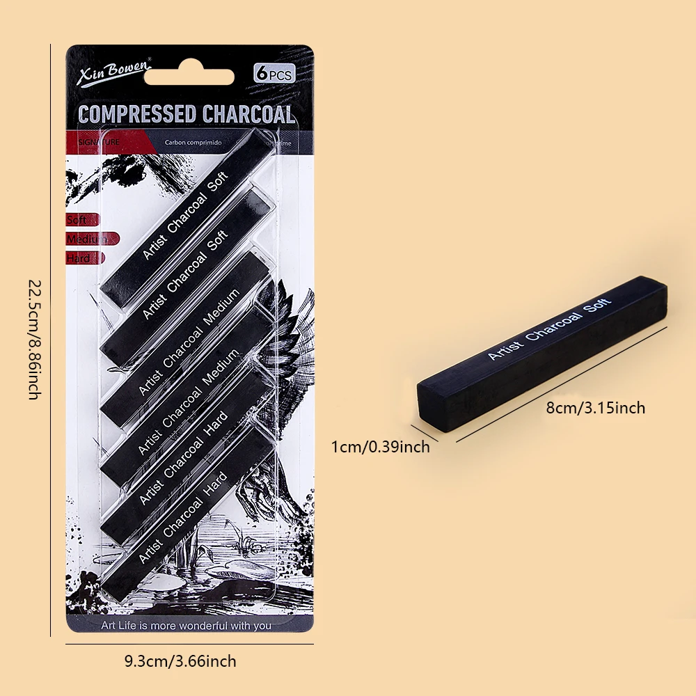6Pcs Compressed Charcoal Sticks Soft Medium Hard Sketch Charcoal Bars for Drawing Sketching Shading Beginners Artists charcoal sticks drawing art supplies