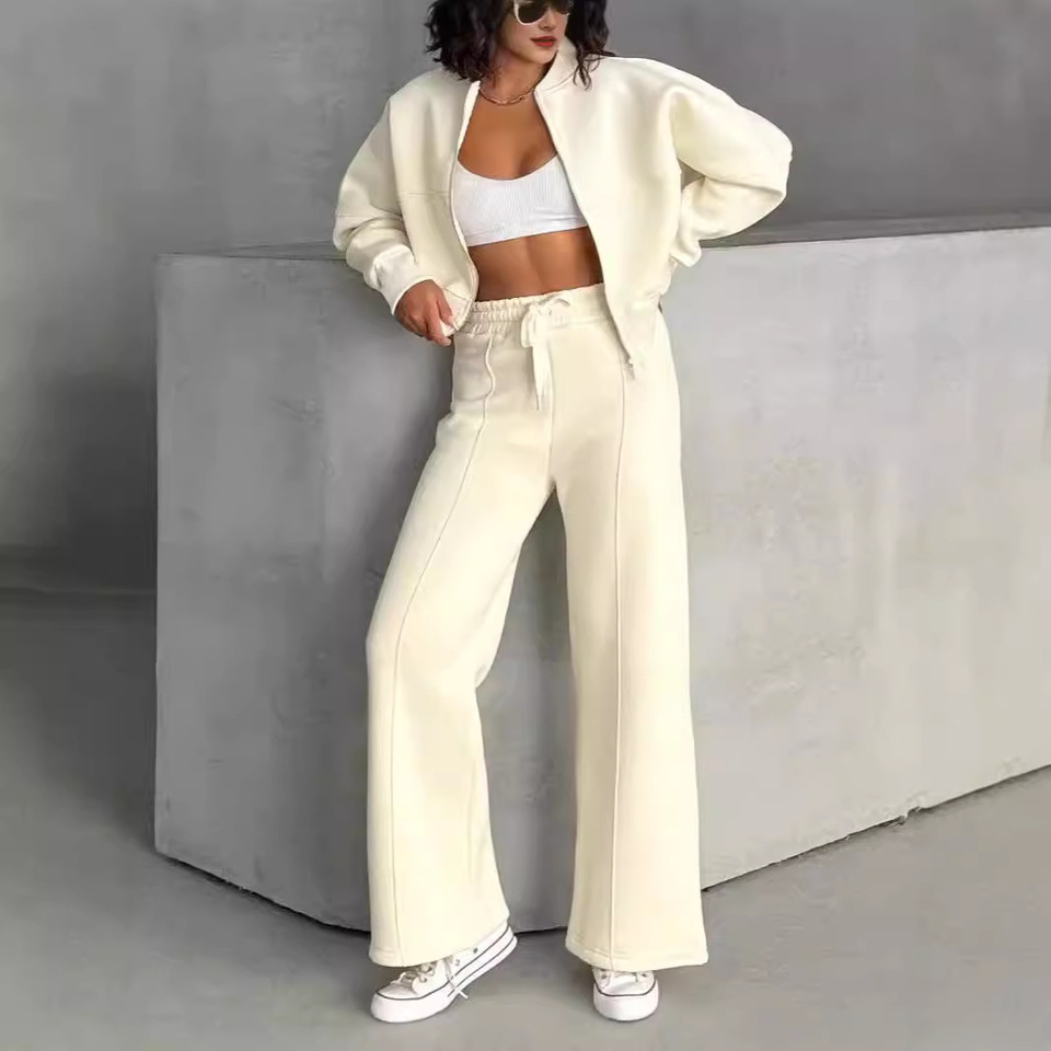 Women's Loose Casual Zipper Jaet Two-Piece Faionable Long Sve Polyester Commute Sle Spring Autumn Pure Color