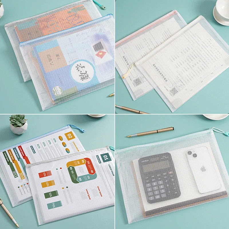 메시 지퍼 파우치, 방수 플라스틱 문서 파우치, 다목적 학교 사무용품, 화장품 메이크업 가방