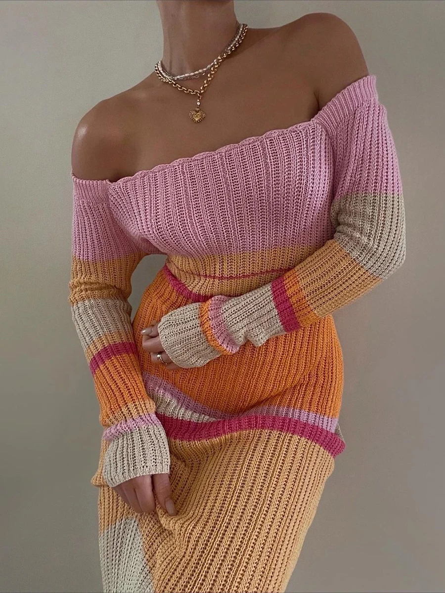

New Ladies Temperament Knitted Long Dress Autumn Women Leisure Style Contrast Color Stripes Off Shoulder Long Sleeve Slim Skirt