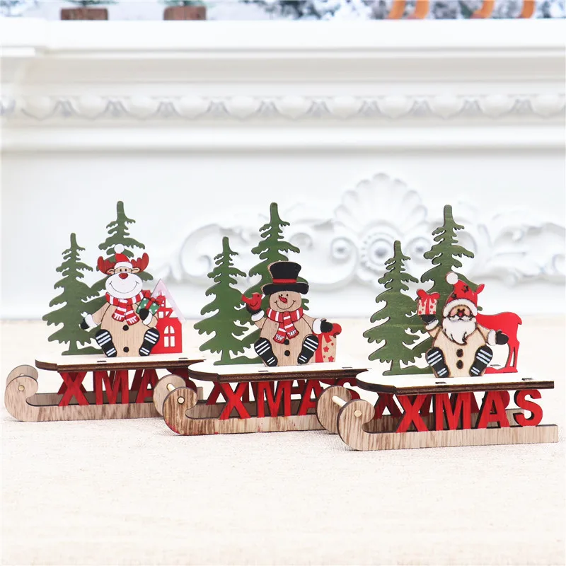 Snowman Wooden Desktop Christmas Decorations Xmas Sleigh Santa Claus Deer Cart Merry Xmas New Yaer Party Decor For 2025 Navidad