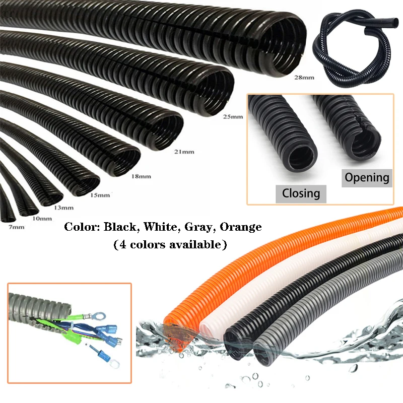 Black/White/Gray/Orange PP Insulated Corrugated Tube 7mm - 28mm Line Pipe Harness Wire Threading Plastic Wire Protection Sleeve