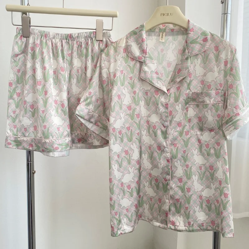 

Летний пижамный комплект с цветочным принтом, Женский атласный верх с коротким рукавом и шорты, одежда для сна