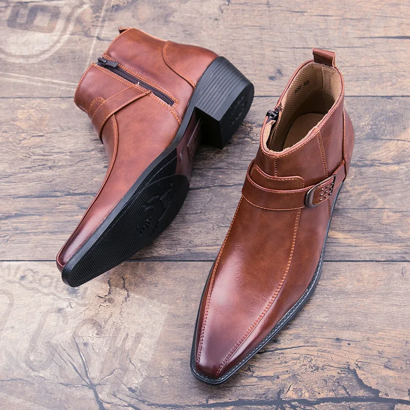Men Chelsea Boots Retro Cowboy Leather Pointed Toe Zipper Autumn Winter