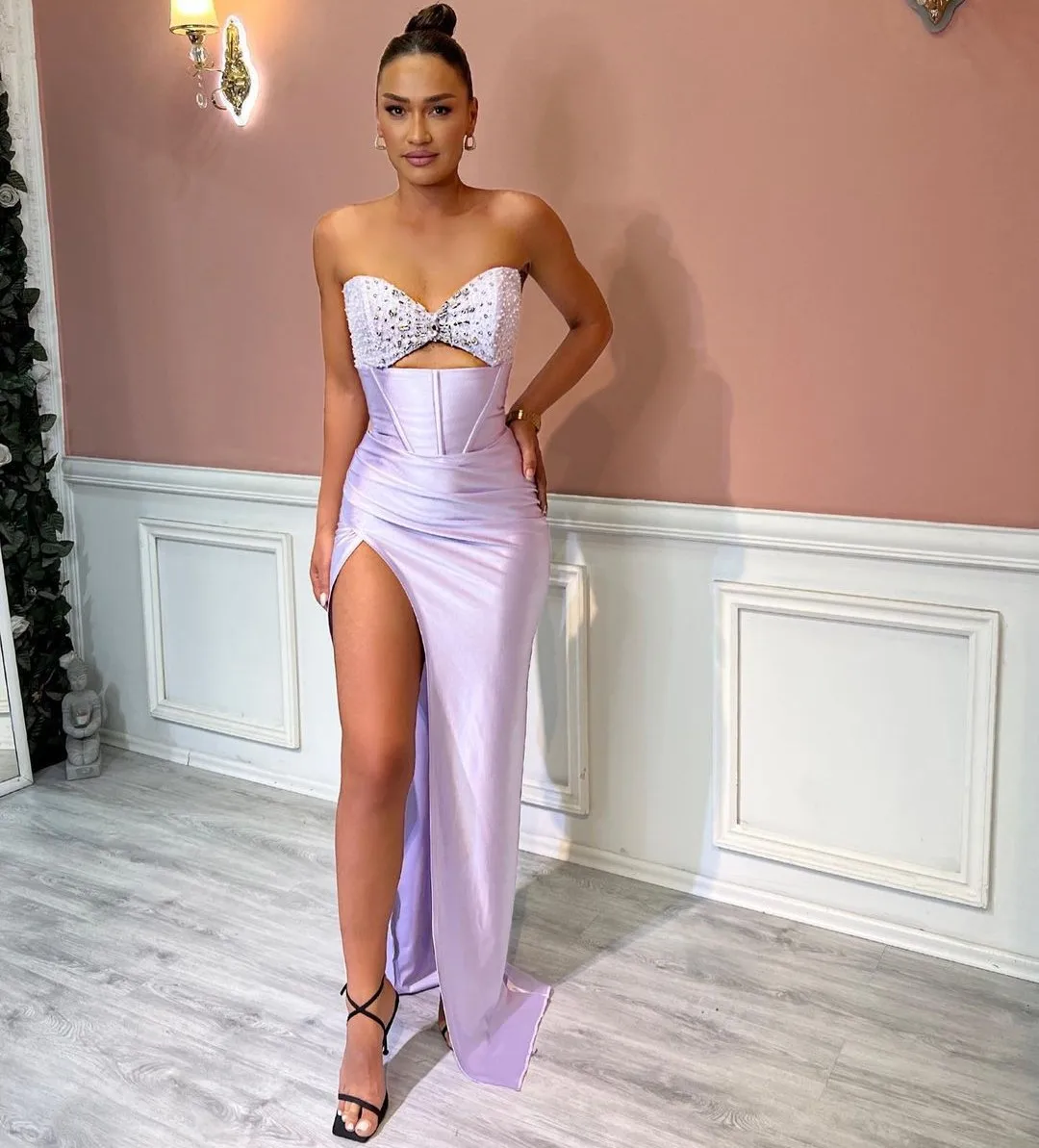 

VD Handmade Beaded Sweetheart Prom Dresses High Side Slit Sexy Women Wear Robe Des Cocktail Party Ruched Long Evening Gowns