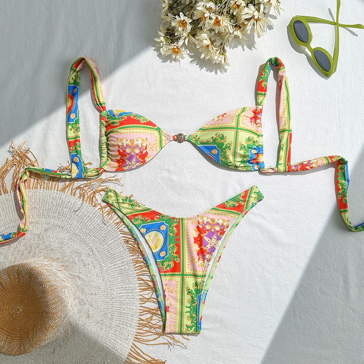 Vintage Print Bikini Set Frauen Sexy Metall Ring Push Up Micro Badeanzug Brasilianische Badeanzug Urlaub Tanga Bademode Biquine