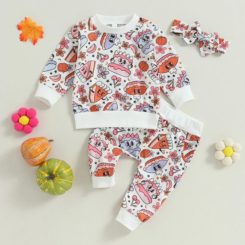 

0-3Y Toddler Baby Girls 3pcs Pants Sets Fall Long Sleeve Floral Pumpkin Print Tops Elastic Band Pants Headband Halloween Costume