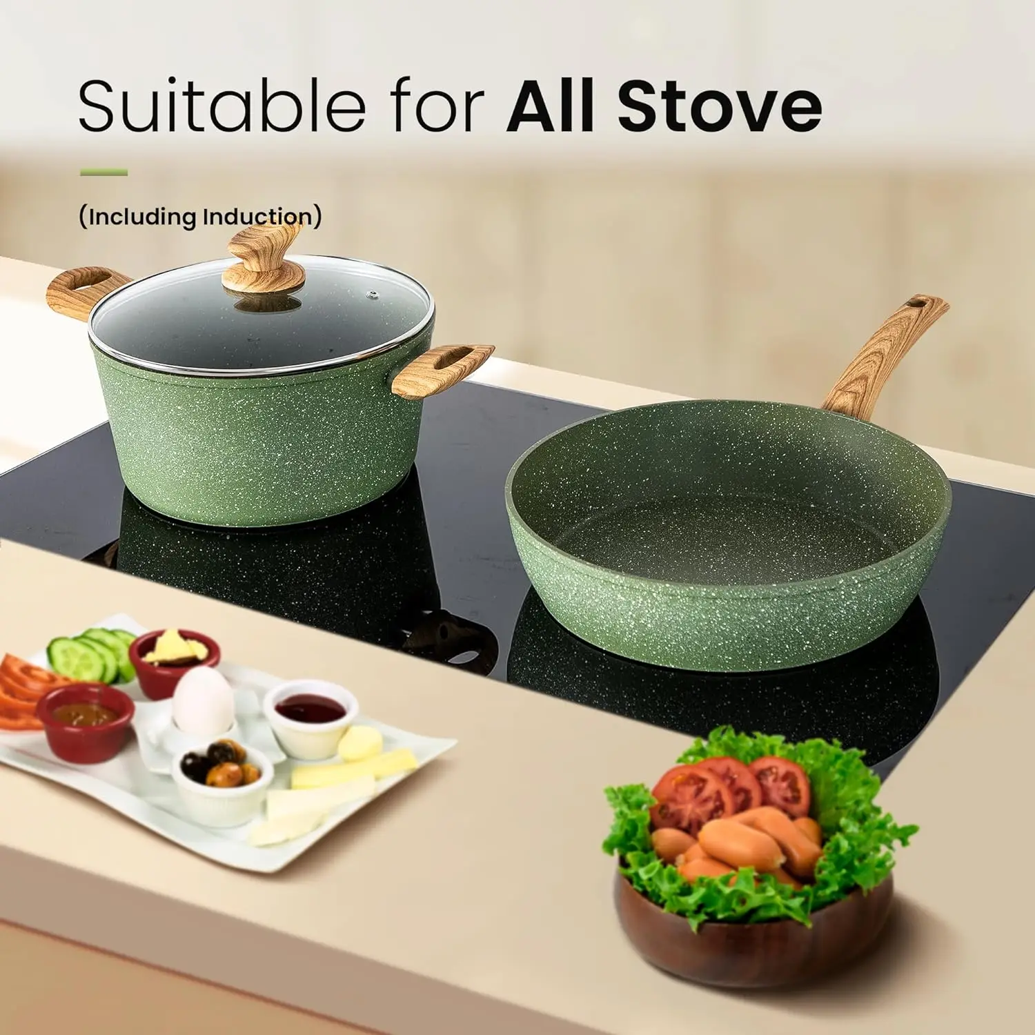 Kitchen Academy Pots and Pans Set Nonstick, 30 Pieces Induction Kitchen Cookware Set, Green Granite Coating Cooking Pans Set