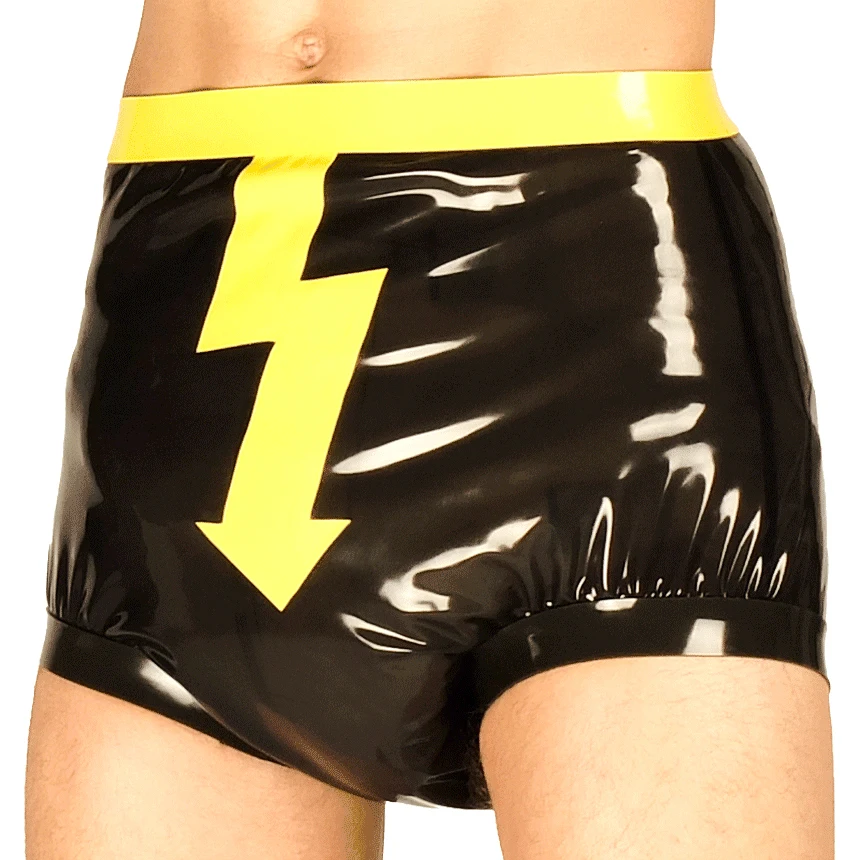 

Black And Yellow Sexy Latex Diaper With Lightning Trims Loosely Smocking Rubber Bloomers Shorts Underpants Underwear DK-0278