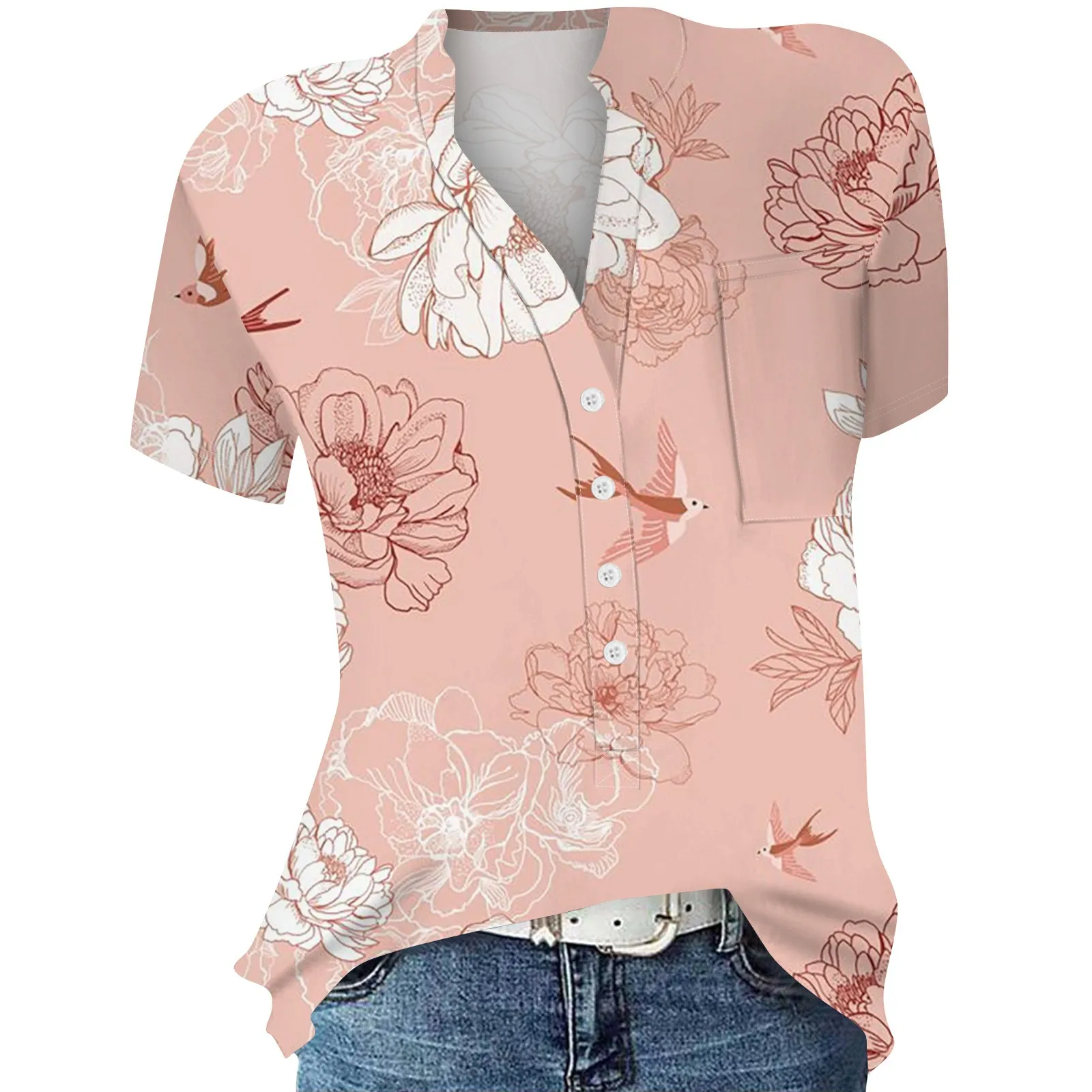 

Women'S Casual Printed V-Neck Short-Sleeved Shirt Pullover Loose Blouse Tops Youthful Woman Clothes Woman Clothing Blouse