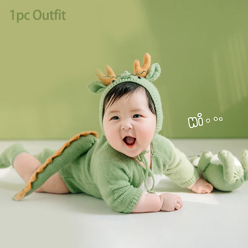 

100 Day Baby Photography Outfit Handmade Crochet Green Dinosaur Theme Set Infant Posing Creative Jumpsuit Studio Photo Costume