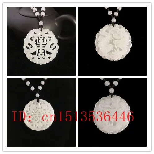 Natural White Jade Dragon Phoenix Pendant Jadeite Necklace Charm Jewellery Fashion Accessories Hand-Carved Man Luck Amulet Gifts